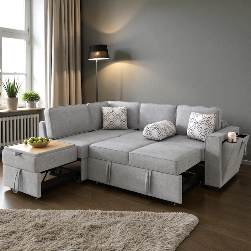 83.9" Convertible Sectional Sofa Bed with Dual Pull-Out Sleepers, Flip-Top Table, USB Ports, Cup Holder & Storage