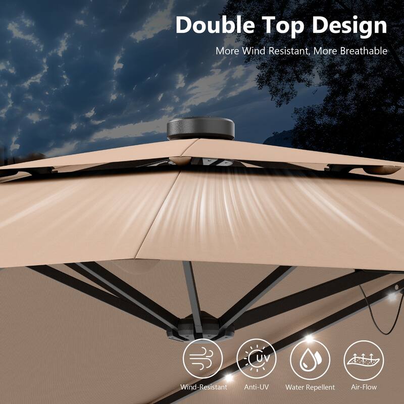 MAISON ARTS 15ft 2-Tier Large Patio Umbrella with Solar Lights, Double-Sided Outdoor Market Umbrellas with Base Included