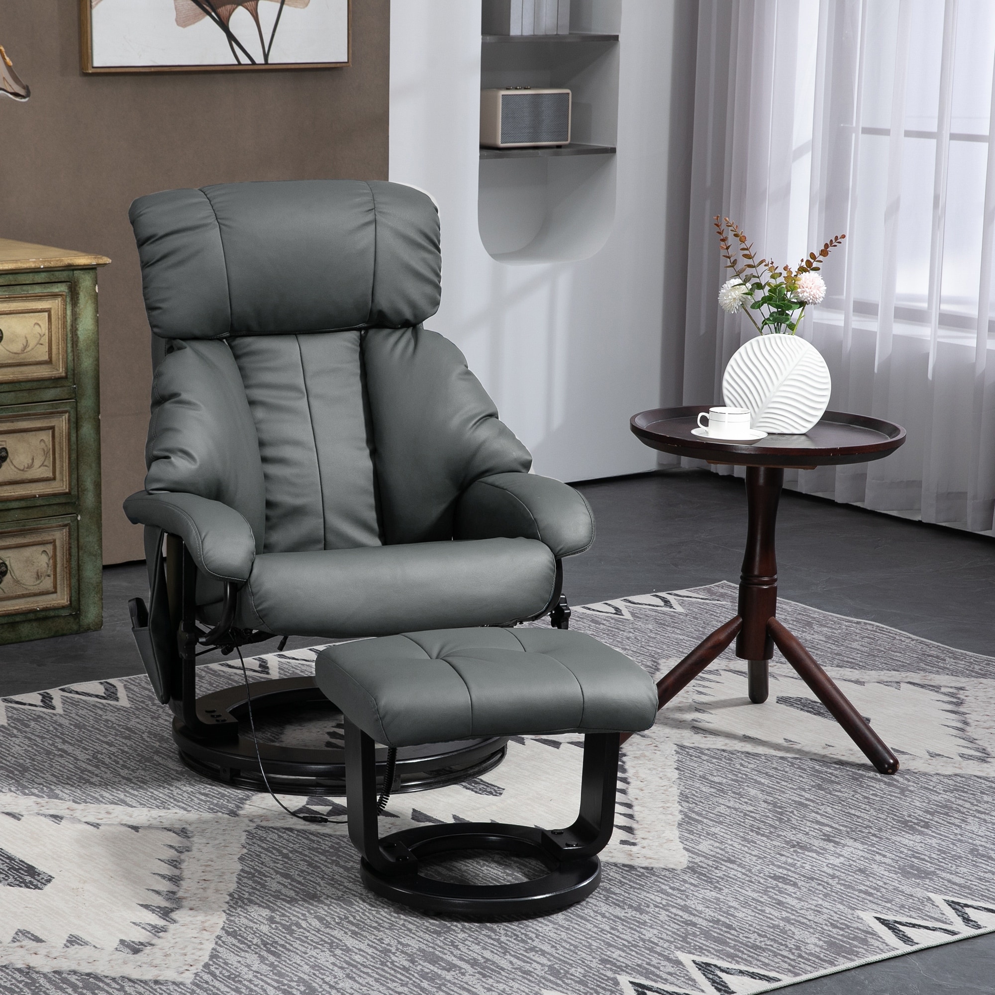 HOMCOM Massage Recliner Chair with Ottoman 360 Swivel Recliner and Footstool PU Leather Reclining Chair Gray