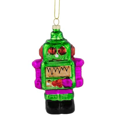 5" Green and Purple Robot Glass Christmas Ornament