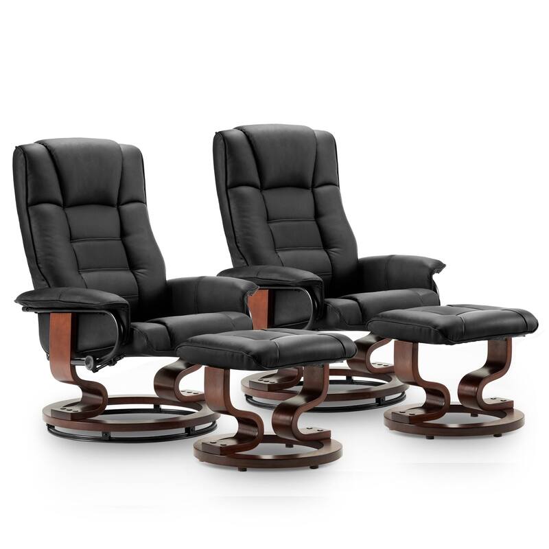 MCombo Set of 2 Swivel Recliner Chair with Wood Base and Ottoman - Black