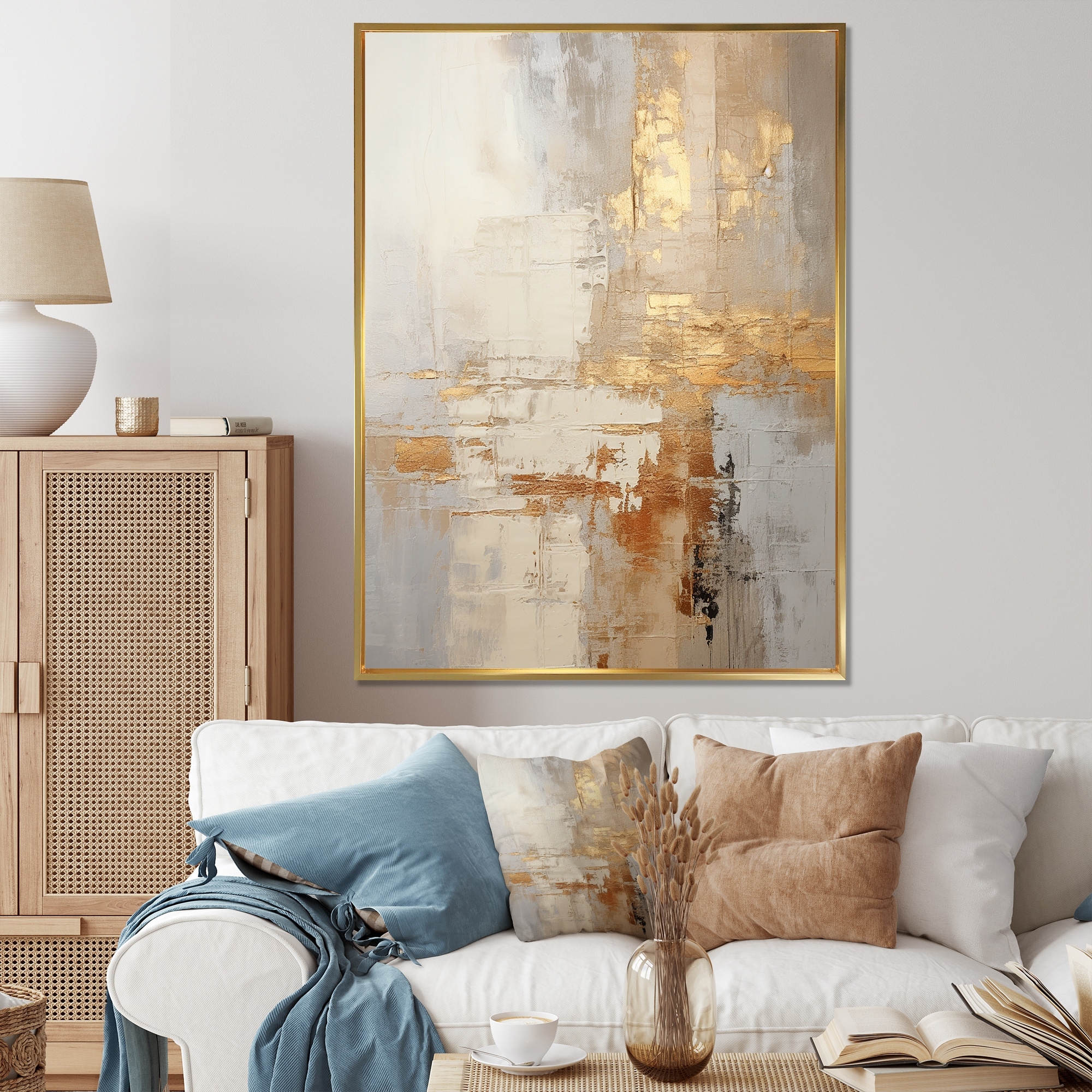 Designart "Gold And White Abstract Split" Abstract Shapes Framed Wall Decor