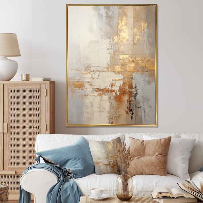 Designart "Gold And White Abstract Split" Abstract Shapes Framed Wall Decor - 30 in. wide x 40 in. high - Gold