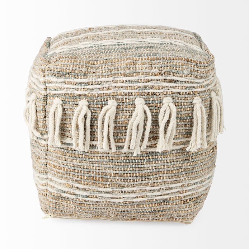 Mercana "Avni" Cream / Brown Hemp & Wool Fringed Square Pouf