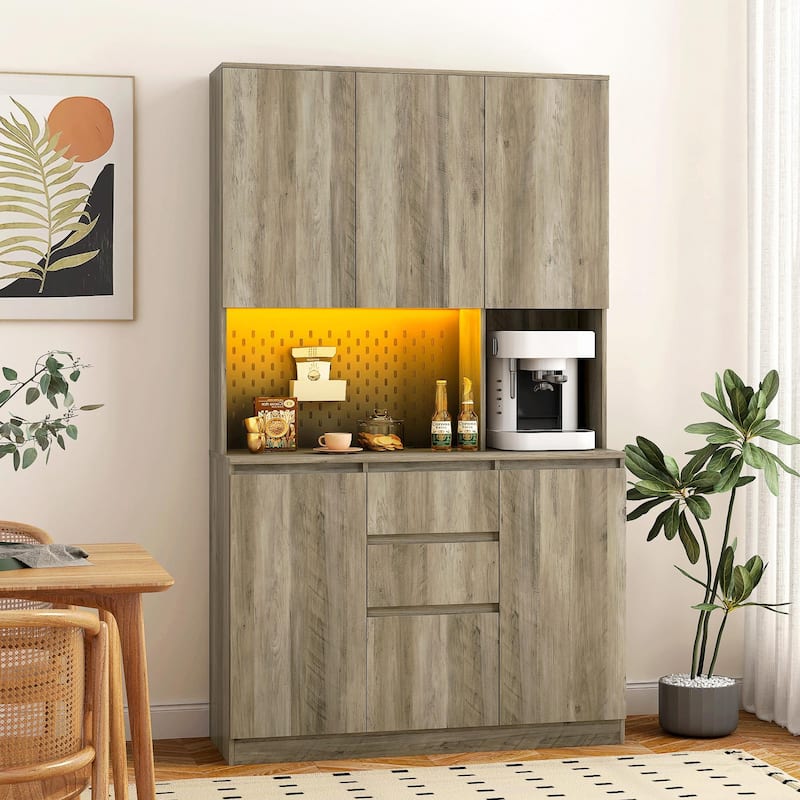 74" Kitchen Pantry Cabinet with Charging Station, Drawer and LED Lights