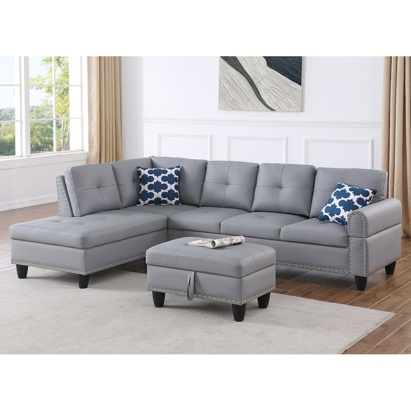 Wood Frame Faux Leather Storage Sectional Sofa with Ottoman & Cup Holders