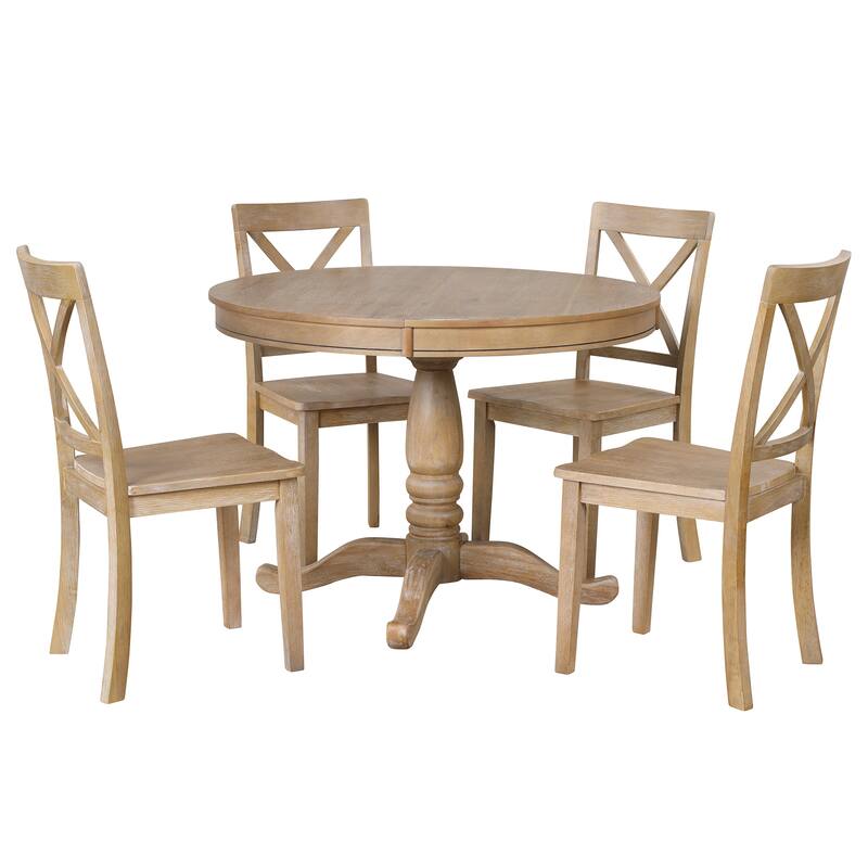 Extendable Dining Table, Round Table and Four Wooden Dining Chairs, Rustic Kitchen Table and Chair Set