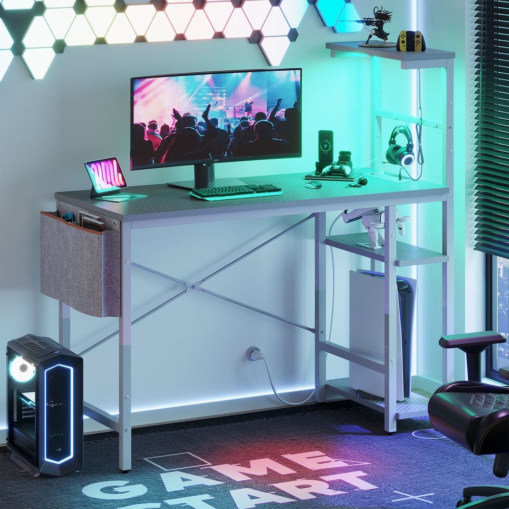 Computer Desk Home Office Desk with LED & Adjustable Shelves