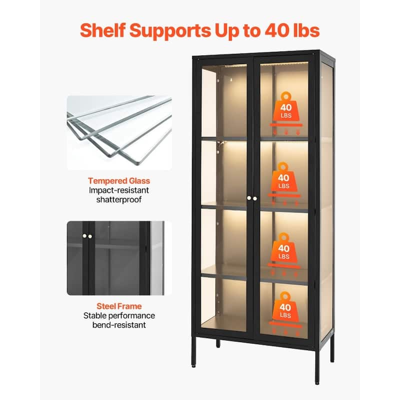 4-Tier Curio Cabinet with Tempered Glass Doors and Adjustable LED Lights and Sturdy Steel Frame - 27.99” × 14” × 66”