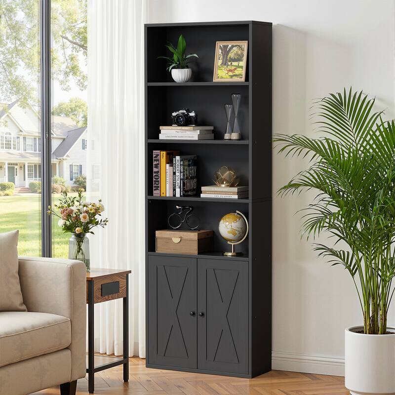 6-Tier Wood Bookcase, Storage Bookshelf with Doors - Black