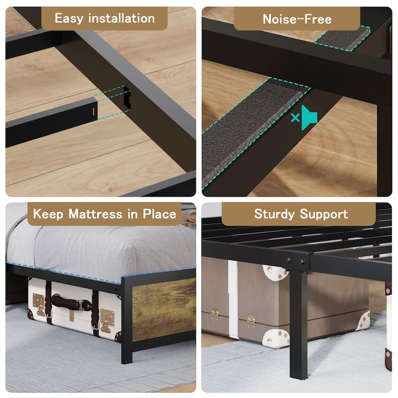 Brown Gray Modern Queen Size Platform Bed with RGB Lights and USB Port