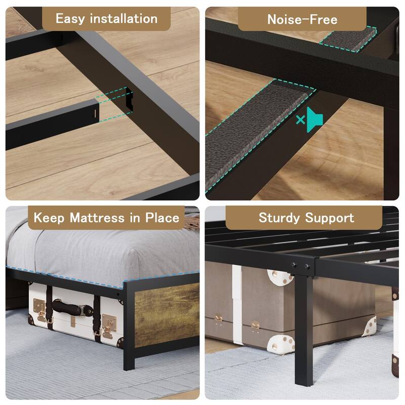 Queen Bed Frame LED Heavy Duty Metal Bed Frame with USB Port, Power Outlet, Upholstered Headboard and Bedside Shelf