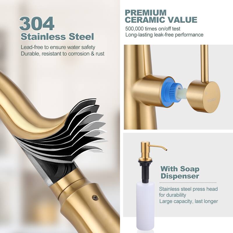 WOWOW Pull Down Sprayer Kitchen Faucet with Soap Dispenser