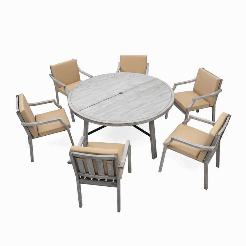 7 Piece Outdoor Wood Dinning Set w/ Umbrella Hole,Removable Cushions