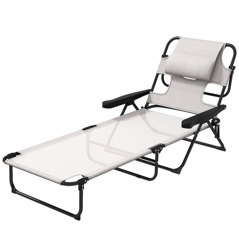 Foldable Tanning Chaise Lounge Chair Adjustable Mesh Sunbed with Headrest for Pool Beach Patio - Cream White