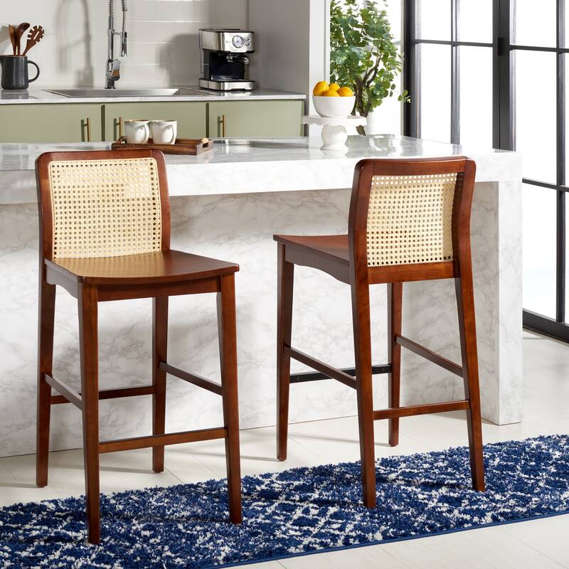 SAFAVIEH Home Benicio 29-inch Rattan Bar Stool [SET of 2] - 19Wx23Dx42H - Dark Brown/Natural