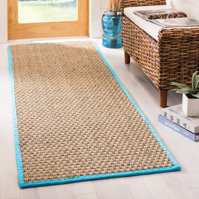 SAFAVIEH Natural Fiber Marina Basketweave Seagrass Rug - 2'6" x 8' Runner - Natural/Turquoise - Runner