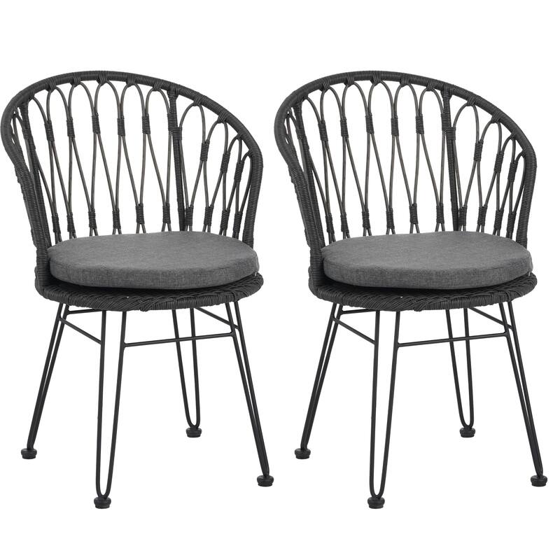 Roomfitters Set of 2 Boho Industrial Wicker Dining Chairs with Water-Resistant Cushions, Gray Rattan and Iron Hairpin Legs, Gray