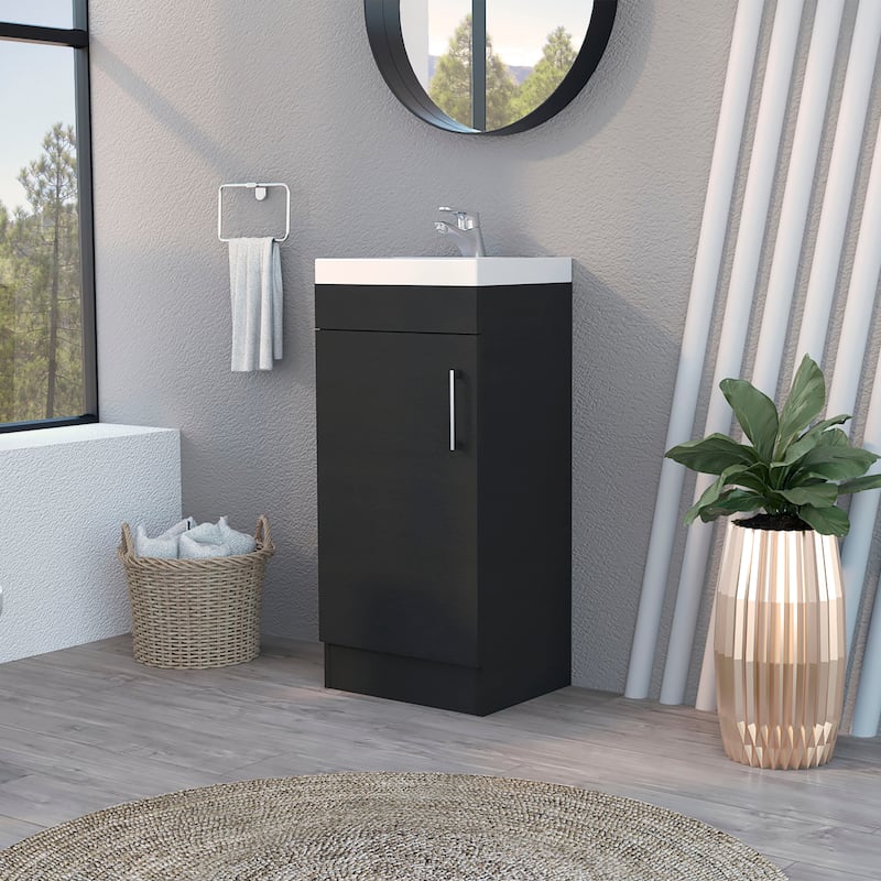 FM Furniture Toledo Single Door Bathroom Vanity Cabinet with Metal Handle and Sink Top - Natural Finish - Black - Single Vanities