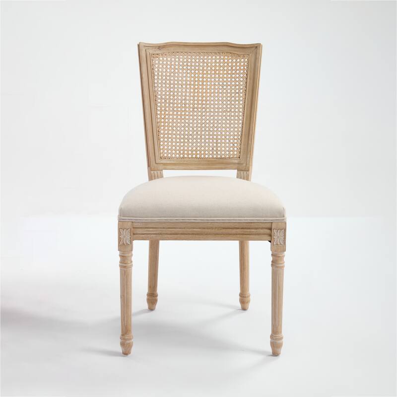 French Dining Chairs Set of 2, Upholstered Chairs with Nature Rattan T-shaped Back, carving techniques ,Disassemblable