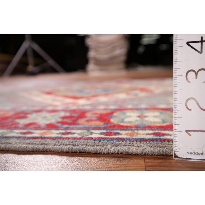 Gray Geometric Kazak Foyer Rug Hand-Knotted Hallway Wool Carpet - 3'3" x 4'4"