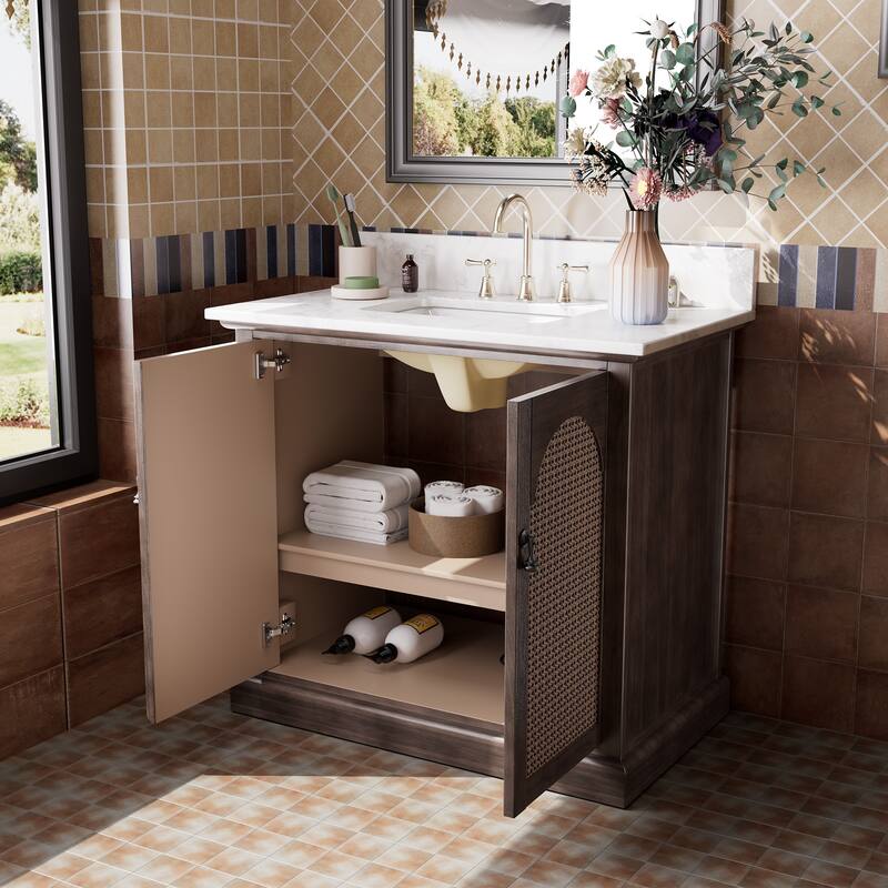 36" Bathroom Vanity with Single Sink, Double Doors, Rattan Accents & Marble-Style Top