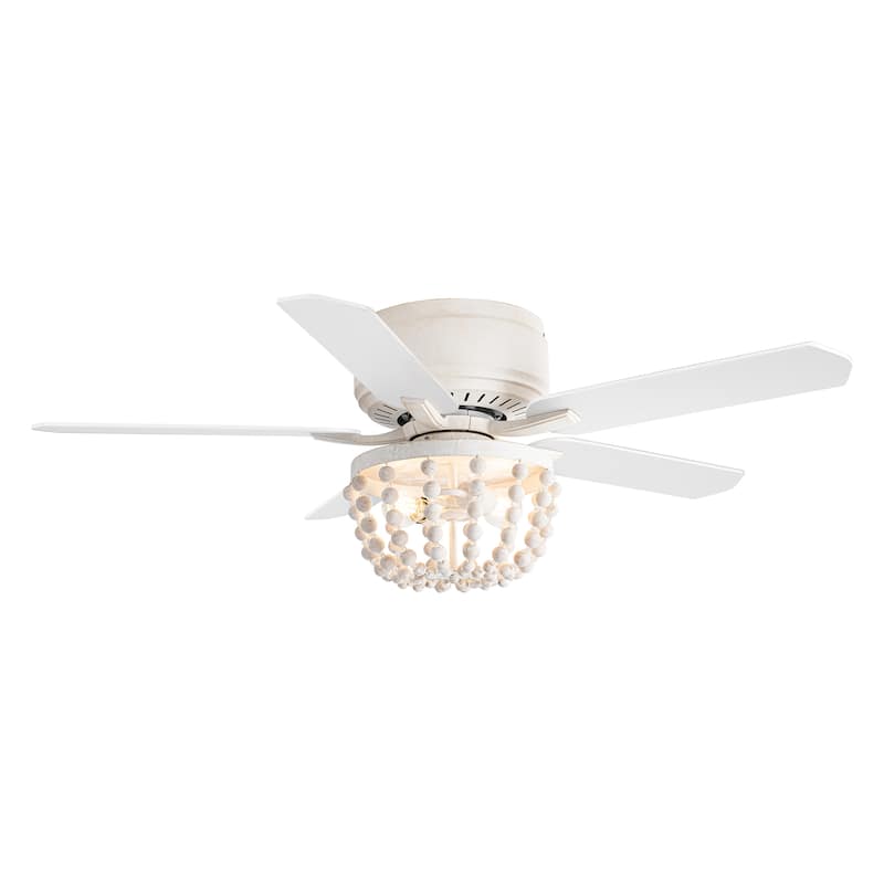 48-in White Coastal Bohemian Wooden Bead Flush Mount Ceiling Fan with Light and Remote
