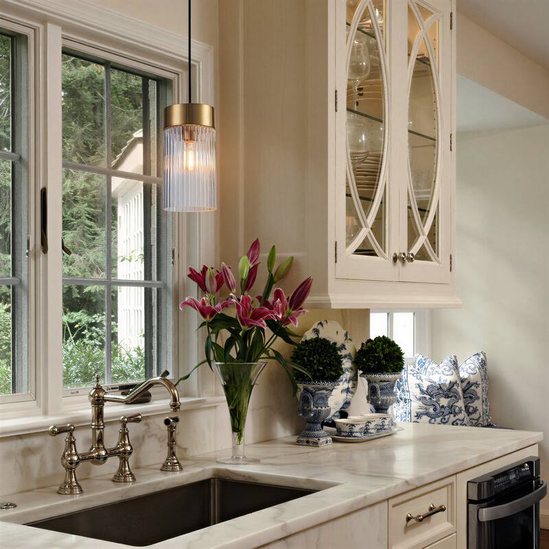 Industrial 1-Light Ribbed Glass Cylinder Pendant Light for Kitchen Island Dining Room - Gold