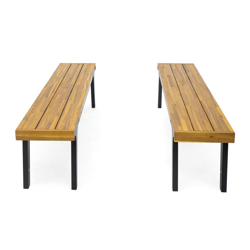 Roomfitters Outdoor Benches Set of 2, Acacia Wood Seats with Black Metal Legs, Patio or Garden Dining Benches