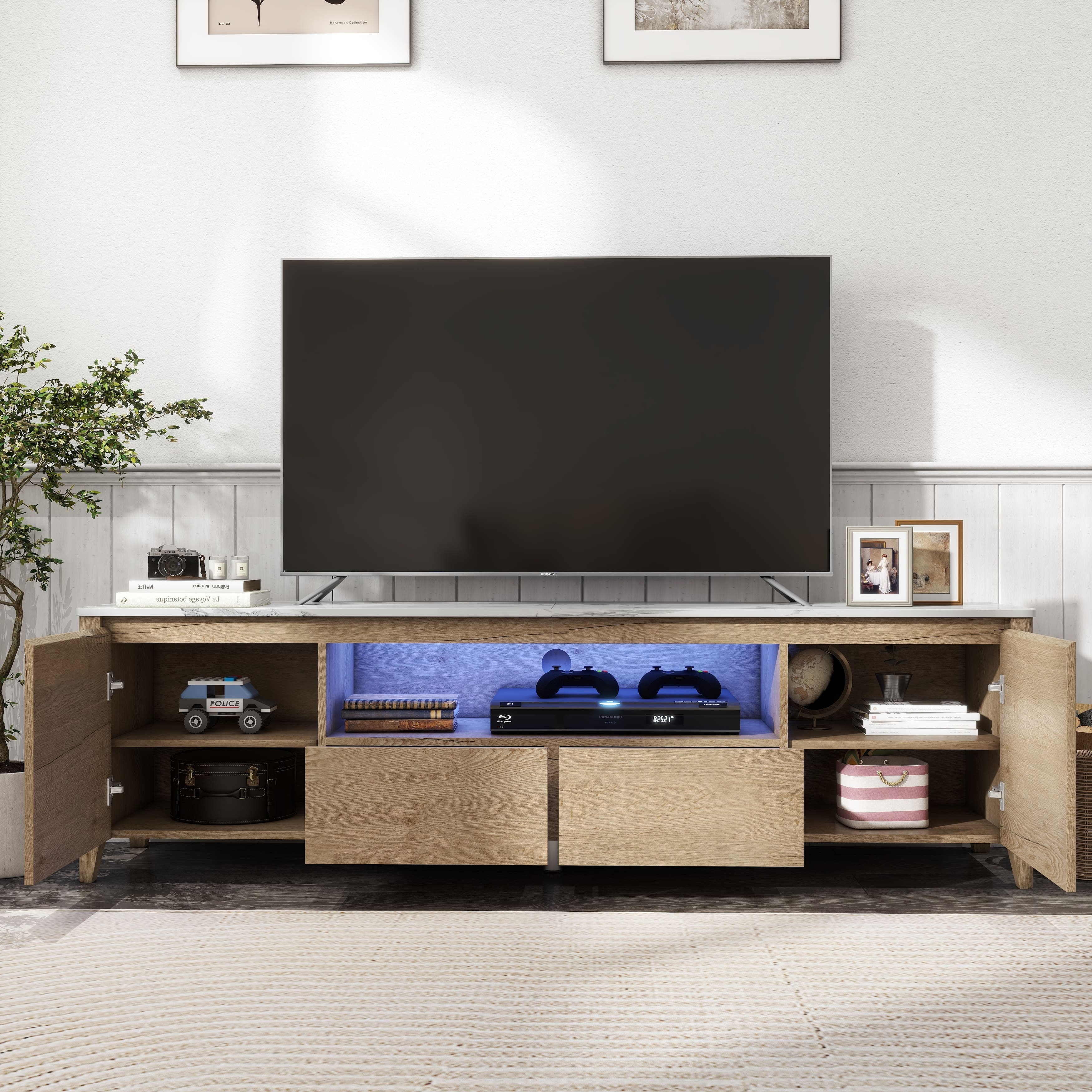 70Inch TV Stand with LED Lights Entertainment Center Up to 80Inch TVs, Open and