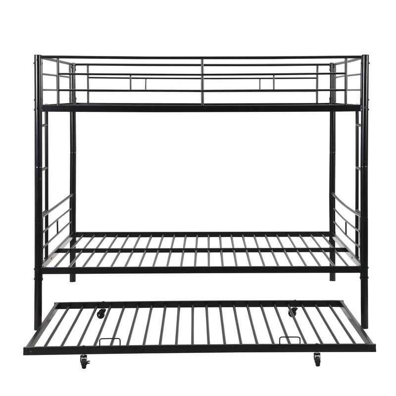Full Over Full Size Metal Bunk Bed with Trundle, No Box Spring Needed, Easy Assembly