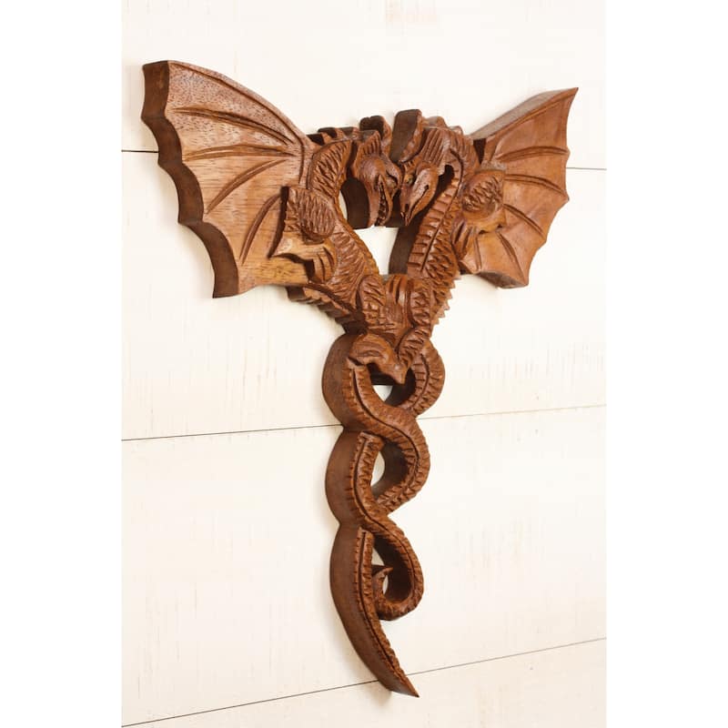 12" Dragon Couple Wooden Wall Art - Hand Carved Twin Dragon Sculpture, Rustic Fantasy Home Decor
