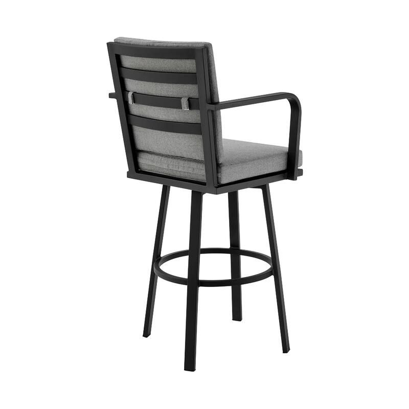 Fely Outdoor Swivel Barstool Chair, Black Aluminum and Gray Cushions