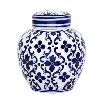 Traditional Style Urn Shape Ceramic Lidded Jar with Floral Pattern, White and Blue