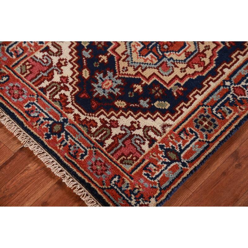 Hand Knotted Oriental 100% Wool Carpet Traditional Medallion Navy Blue & Blues Heriz (serapi) Area Rug - 3' 0'' X 2' 0''