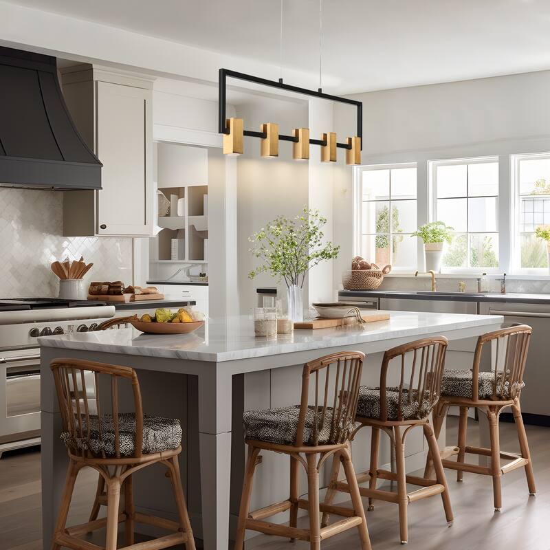 Modern 5-Light Black Gold LED Rectangle Chandelier Hanging Pendant Light for Dining Room - 27.5" L x 1.5" W x 12" H