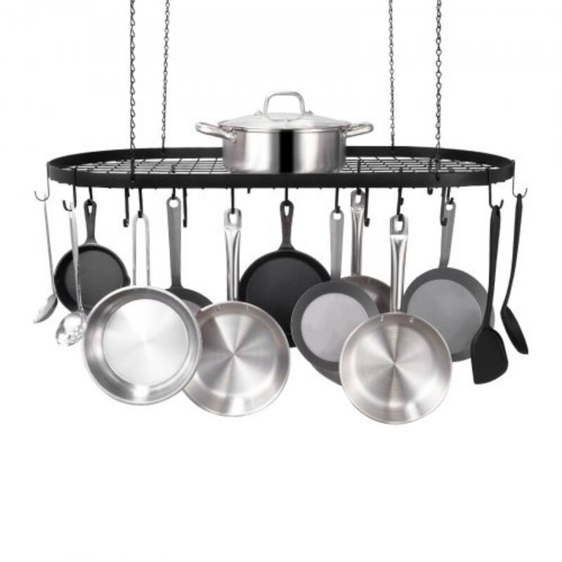 Black Carbon Steel Ceiling Mounted Hanging Pot Rack with S Shaped Hooks Ideal for Home or Restaurant