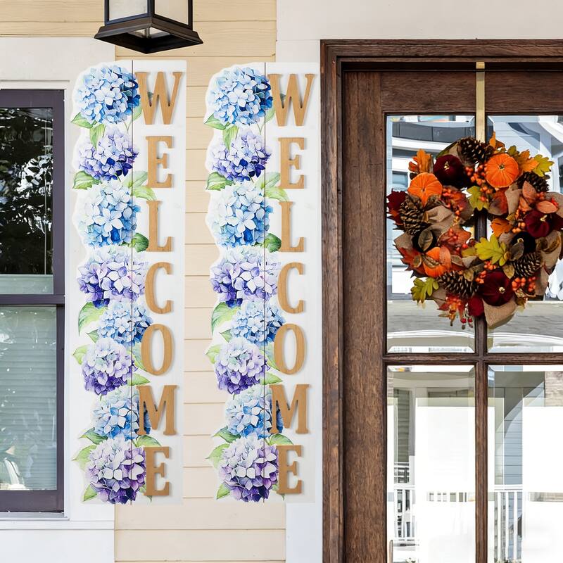 Glitzhome 42"H Solid Wood WELCOME Porch Sign with Bee Outdoor Decor - 2PK-Porch Sign with Hydrangea