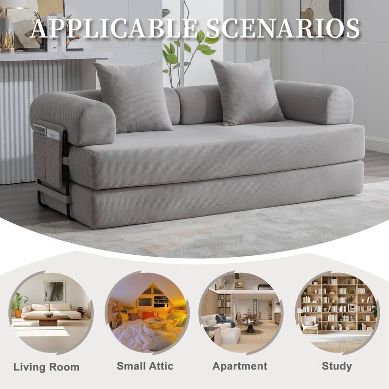 Foldable Modular Couch Sleeper Loveseat Sofa Bed with Storage Side Pocket, Detachable Metal Frame and Corduroy Fabric Cover