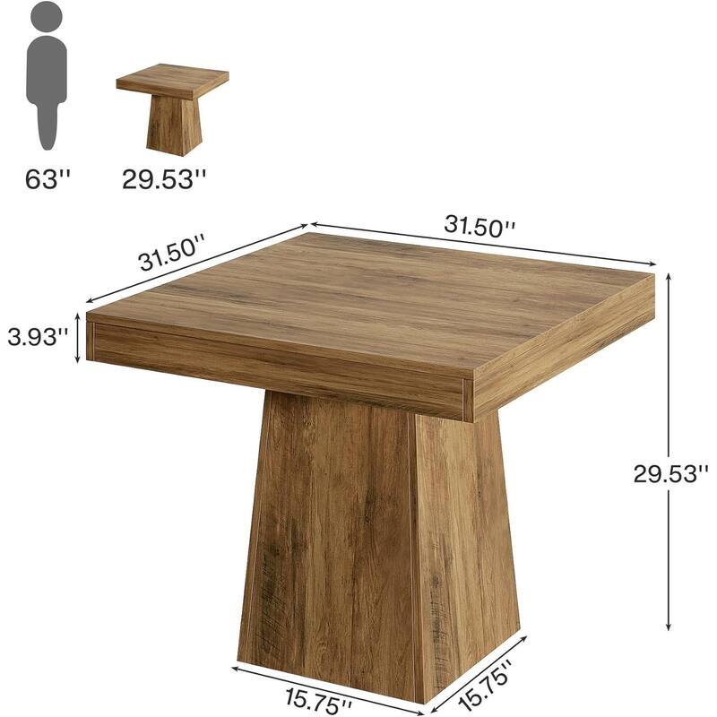 Rustic Farmhouse Square Dining Table 32 Inch Brown Wood Grain for 4 People with Heavy Duty Pedestal Base