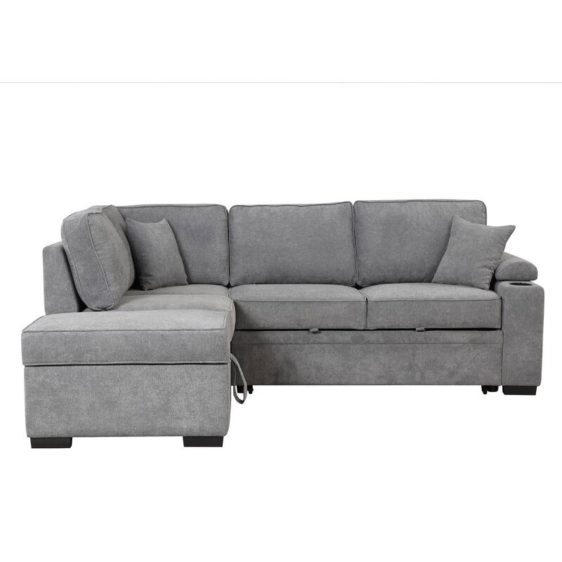 Linen 2 in 1 Pull Out sofa bed L-Shape Couch with Storage Ottoman and Cup Holder Sleeper Sofa Bed with Backrest and Pillows