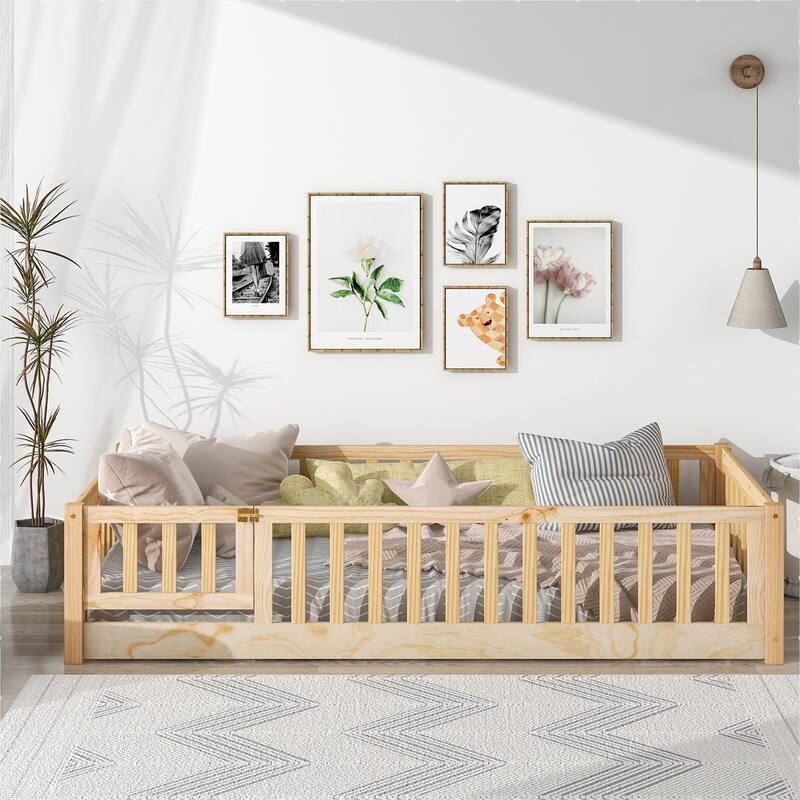 Floor Platform Bed with Fence Guardrails and Door