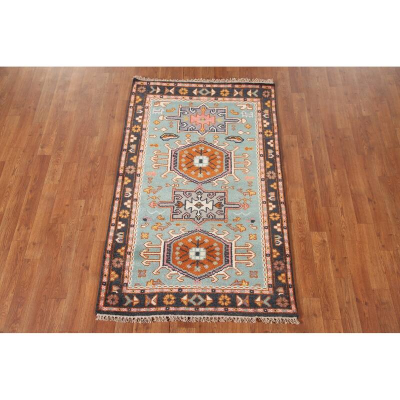 Turquoise / Green Kazak Oriental Foyer Rug Handmade Wool Carpet - 3'1" x 5'0"