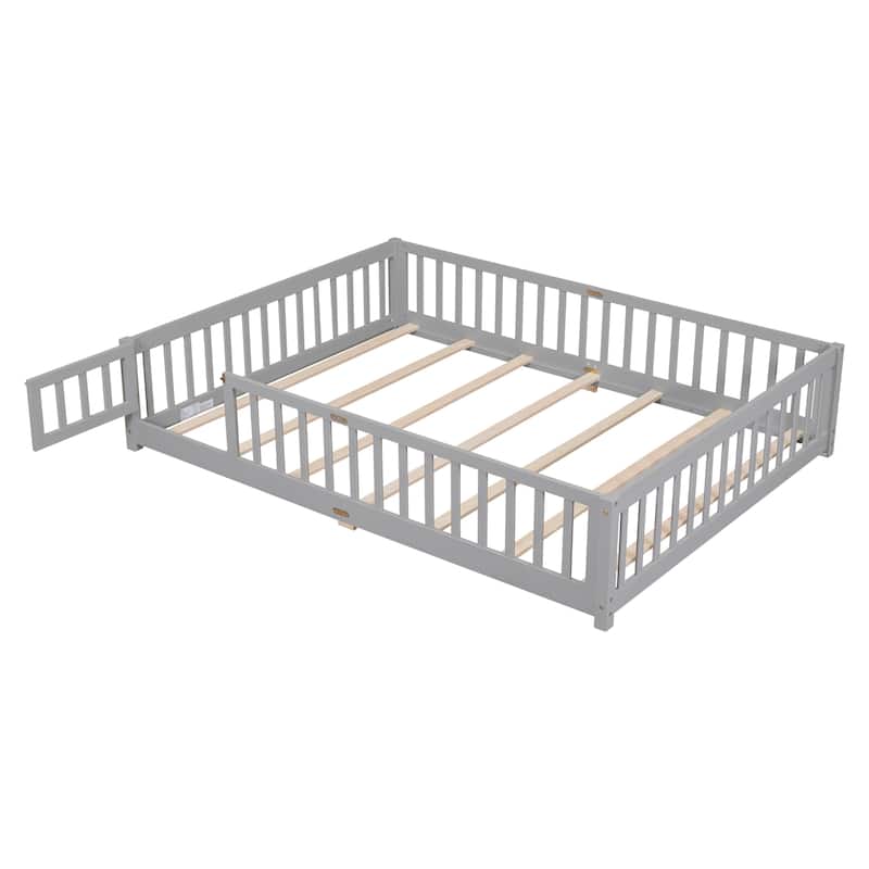 Floor Platform Bed with Fence Guardrails and Door