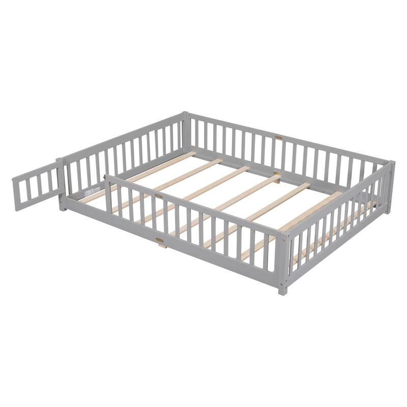 Queen size Floor Platform Bed with Fence Guardrails and Door