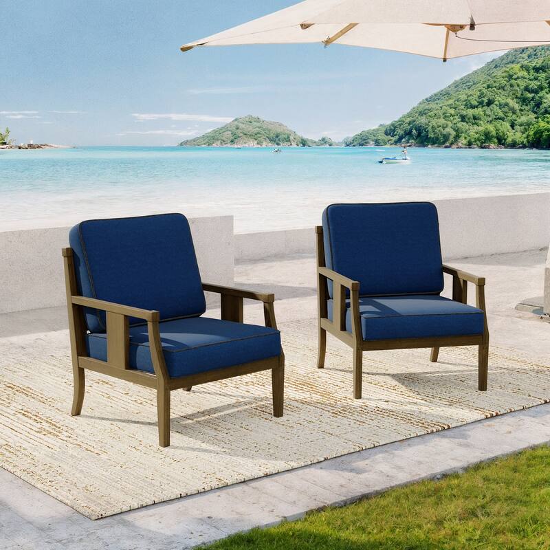2 Set Brown Wood Outdoor Accent Club Chairs with Water-Resistant Cushions