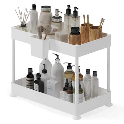 Empyrean 2 Tier Non-Slip Grip Kitchen Under Sink Organizer - Bathroom Cabinet Organizer with Utility Hooks and Side Caddy