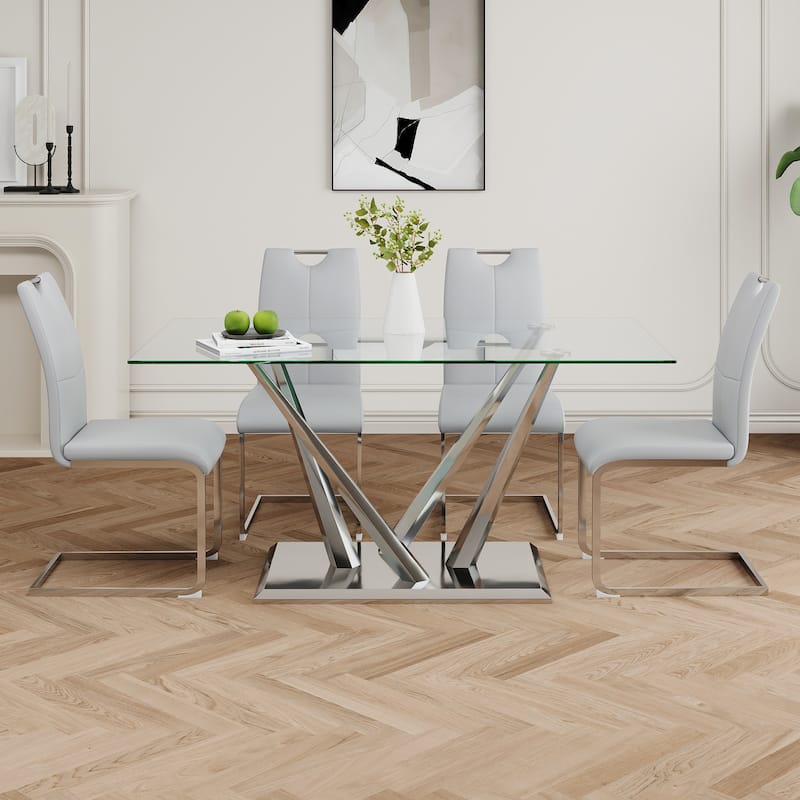 63" Glass Dining Table Set for 4, 5 Piece Dining Table and Chairs Set, Rectangular Table with 4 Faux Leather Chairs & Metal Legs