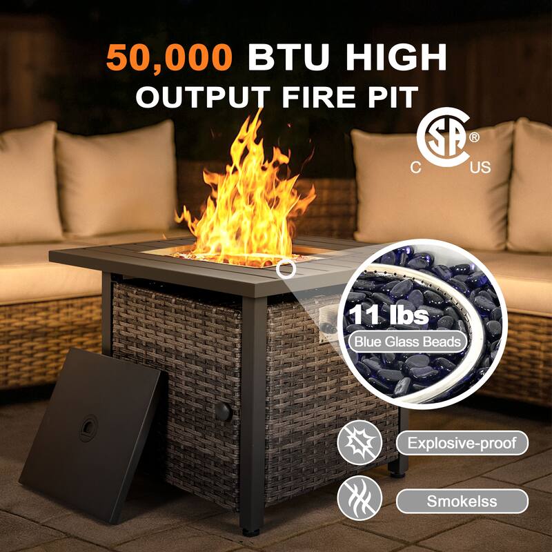Outdoor 30’’ Square Rattan Fire Pit Table with Metal Lid, Brown
