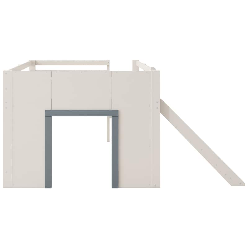 Full Size Low Loft Bed with Slide, 3 Storage Drawers and 2 Doors
